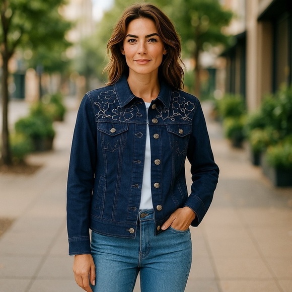 Chico's Jackets & Blazers - CHICO'S PLATINUM Women's size 2 (M) Blue Embellished Jean Jacket with Embroidery